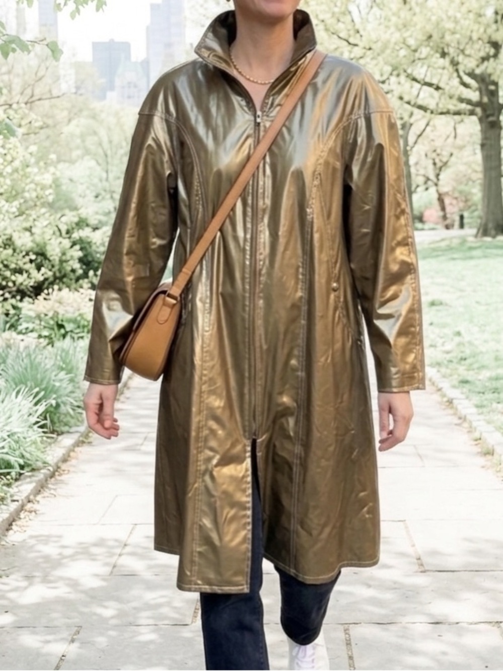 Vintage 80s Metallic Gold Trench Coat M Liquid Gold Longline Shimmer Raincoat M